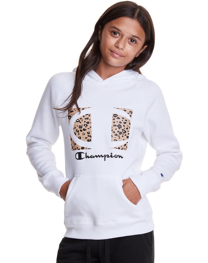 Champion Girls Hoodie NZ - Fleece Raglan Leopard Knockout Logo White ( 0481-MXPWC )